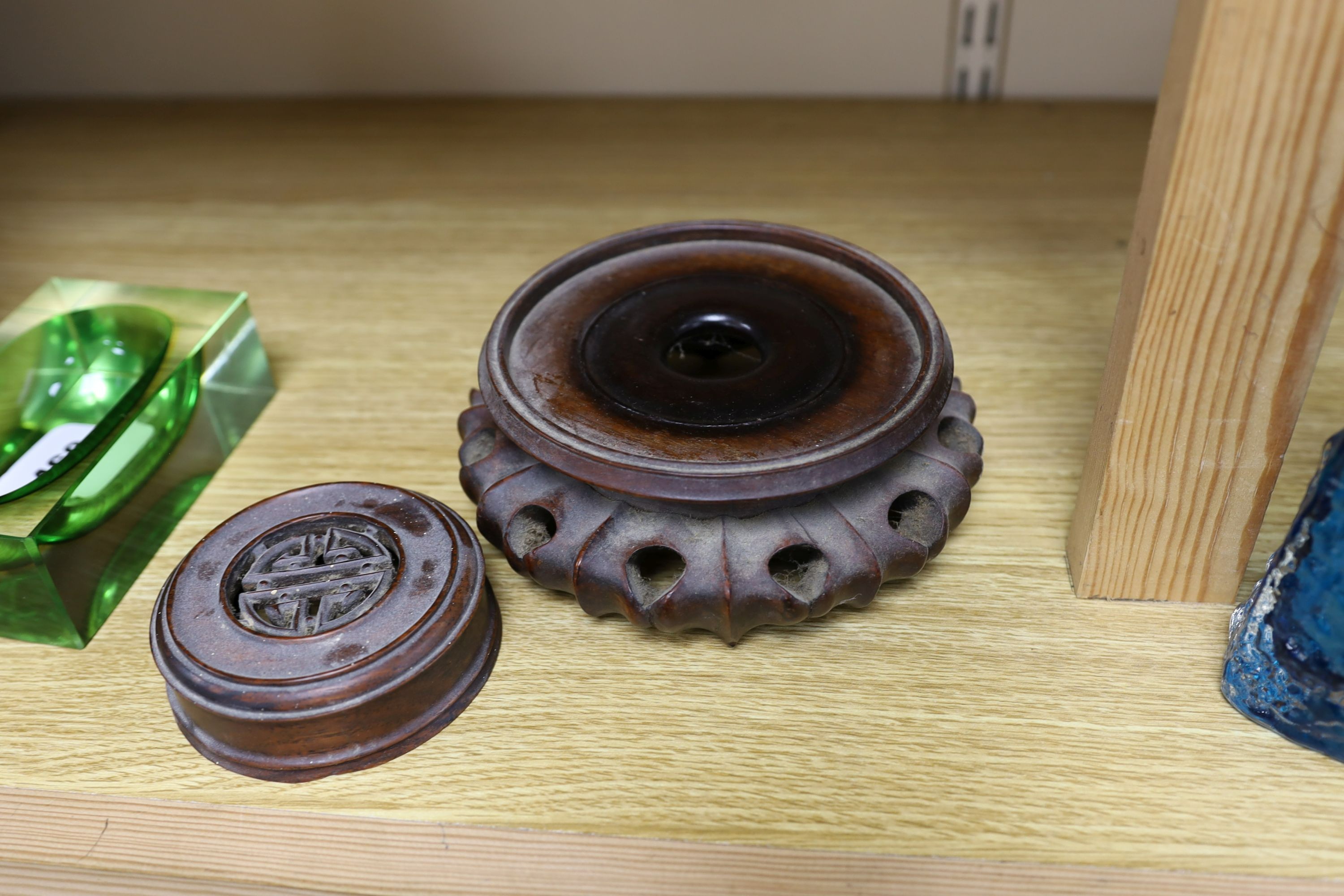 A Chinese blue and white 'boys' jar, 19th century, wood cover and stand, total height 24cm high